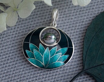 Cloisonne Enamel Silver Pendant, Black Turquoise Water Lily Necklace, Pendant With Green Peacock Pearl, Necklace With Neck Chain, Woman Gift