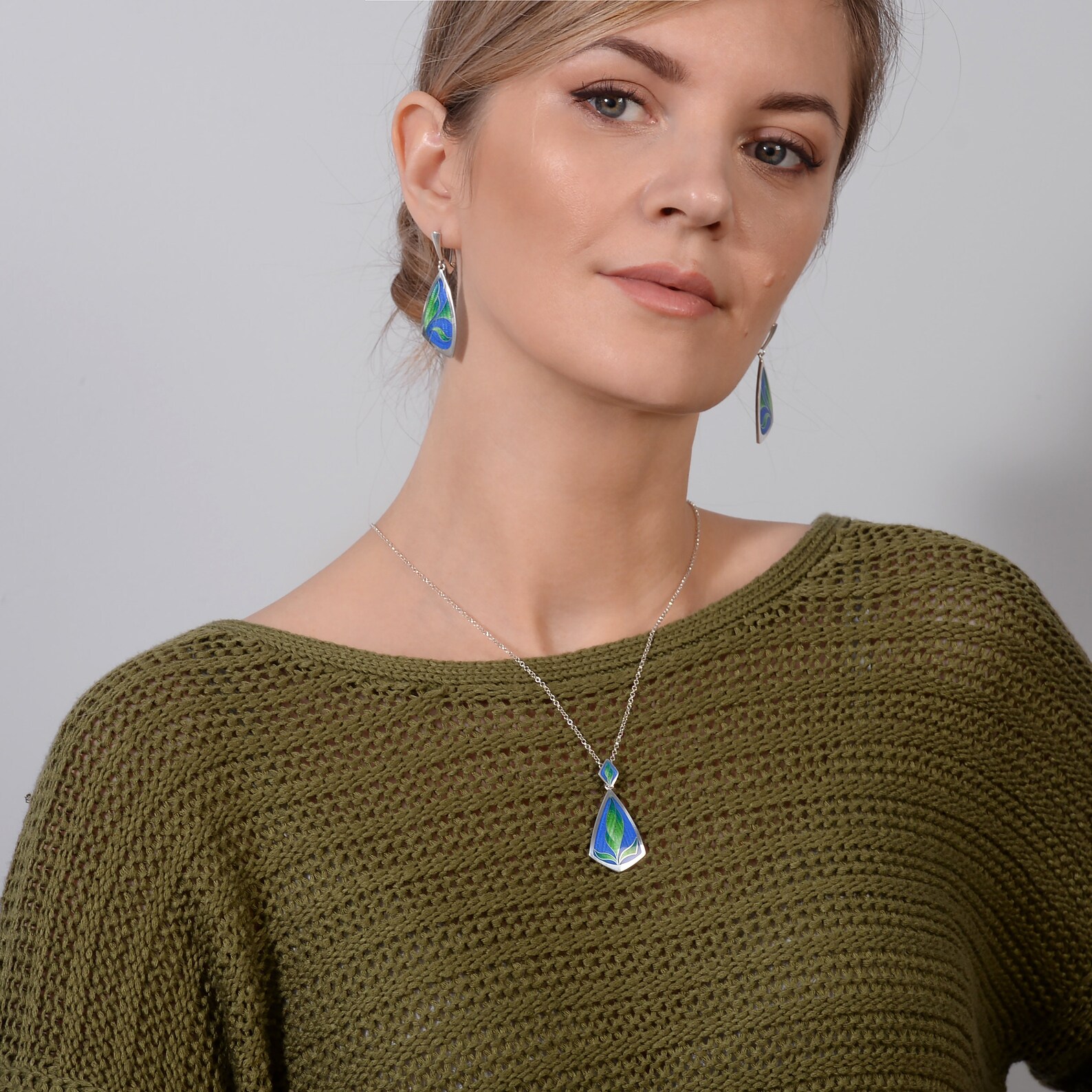 Greenery Enamel Jewelry Set Cloisonne Enamel Sterling Silver Etsy