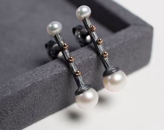 Silver Earrings With Gold Beads And Pearls, Sterling Silver 925 Minimalist Studs, Simple Casual Stud Earrings With Gold, Blackened Silver