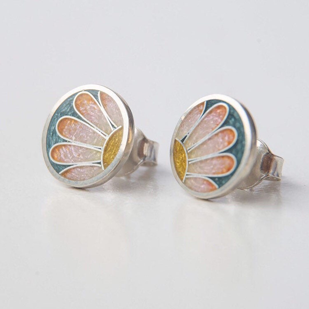 Marguerite Enamel Stud Earrings Cloisonne Enamel Sterling Silver Round