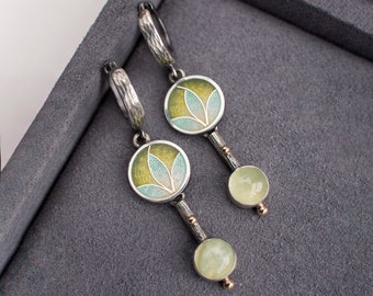Prehnite Drop Earrings With Gold Beads And Hot Enamel, Cloisonne Enamel And Sterling Silver Earrings, Blackened Engraved Silver Earrings
