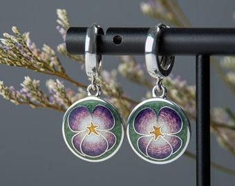 Violas Purple Earrings, Cloisonne Enamel And Sterling Silver Earrings, Floral Round Earrings, Purple Flower Earrings, Dangling Earrings