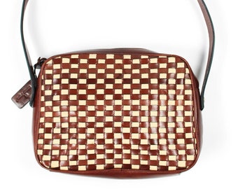 1980's 'Etienne Aigner' Brown Leather Checkered Woven Shoulder Bag w/ Hangtag