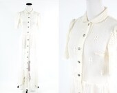 Vintage White Lace Maxi Dress w Peter Pan Collar Rhinestone Buttons