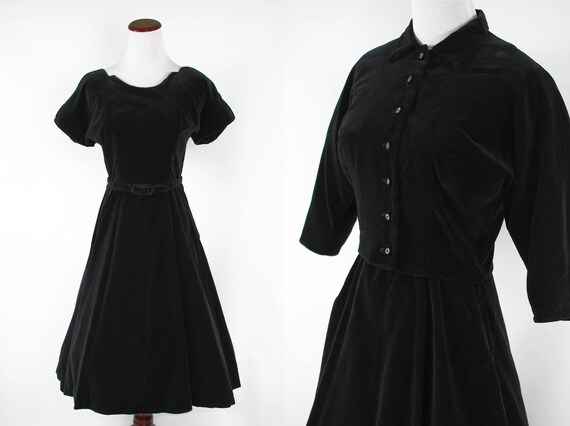 1950's Black Velvet Rhinestone Dress & Jacket Set