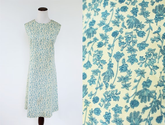 1960's Blue Floral Cotton Sleeveless Shift Dress