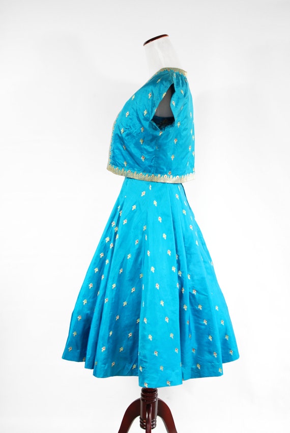 1950's Teal Blue Silk Gold Embroidered Indian Dre… - image 4