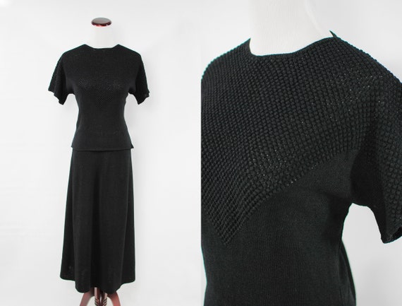 1940's Black Rayon Knit Blouse & Skirt Set