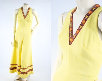 1960's Yellow Floral Super Wide-leg Halter-top Jumpsuit