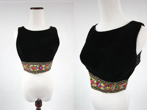 1960's Black Velvet Embroidered Floral Crop Top Ta