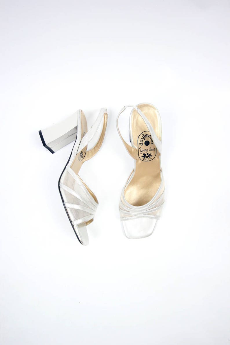 Sz 8.5M 1960/'s Silver Mod Mesh Open-toe Slip-on Pumps