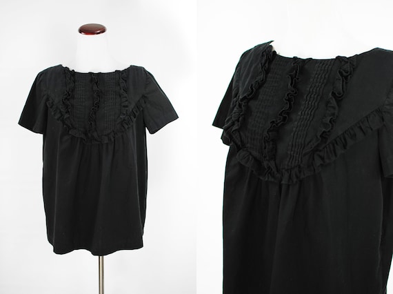 1960's Black Cotton Ruffle Yoke Swing Blouse