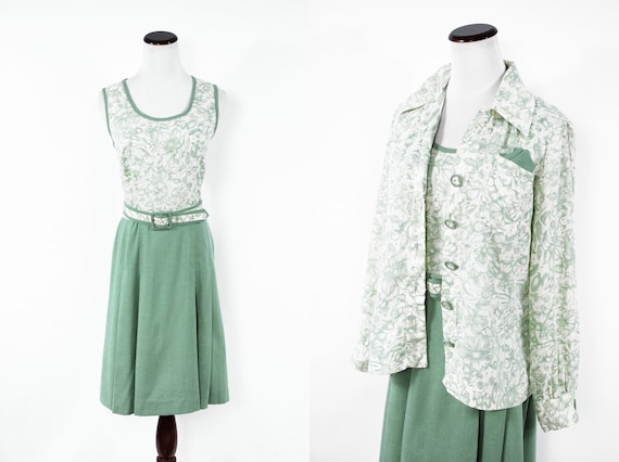 1960's Sage Green Floral Belted Dress & Button-up