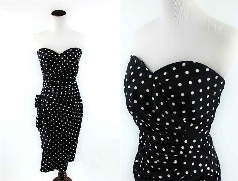 1980/'s Black Polka-dot Strapless Sarong Sweetheart Rose Dress