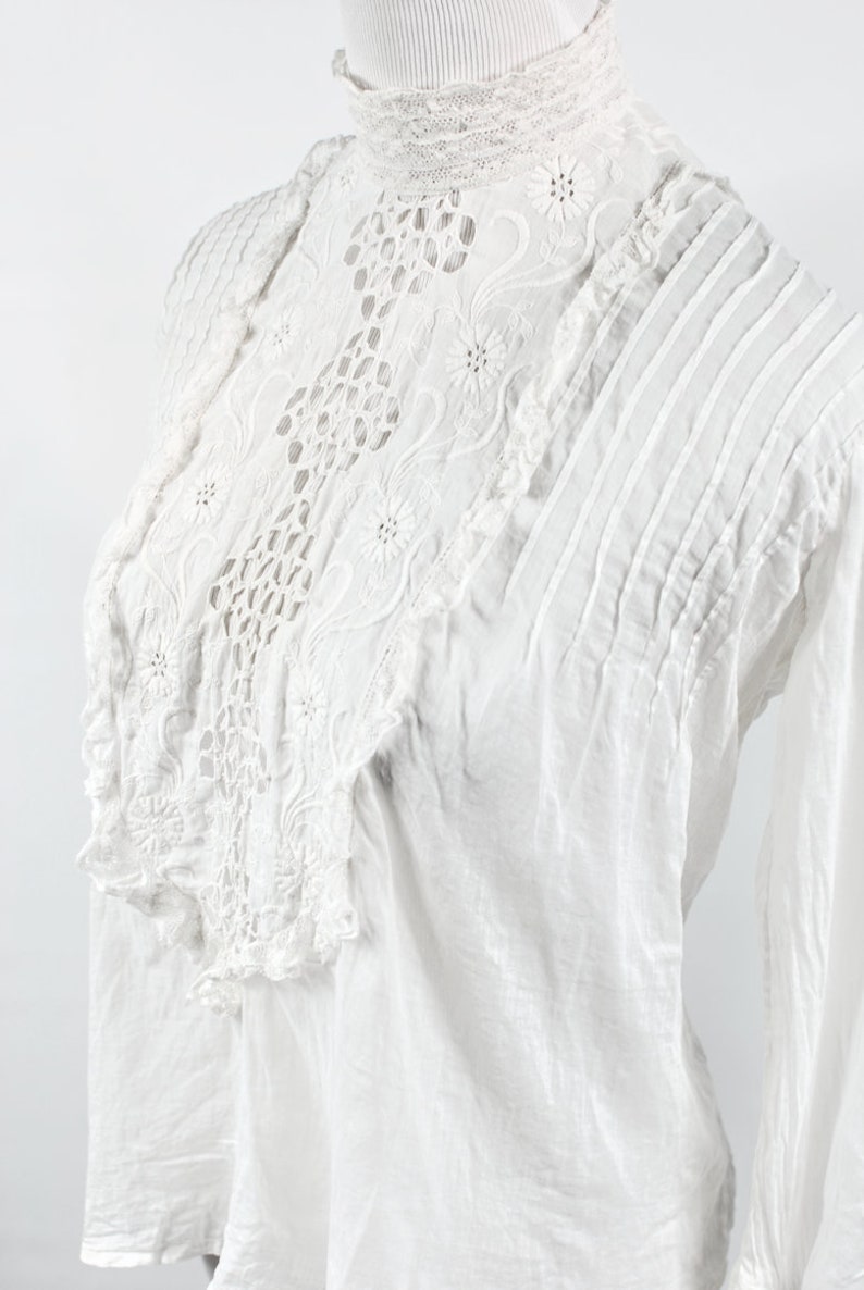 1910/'s Edwardian White Cotton Floral Embroidered Lace Long-sleeve Blouse