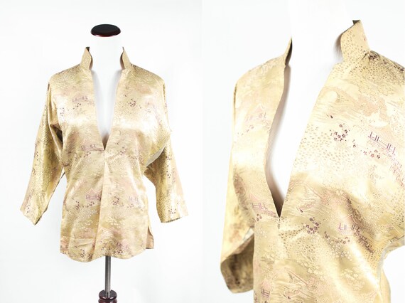 1950's Champagne Silk Brocade Mandarin Collar Chin