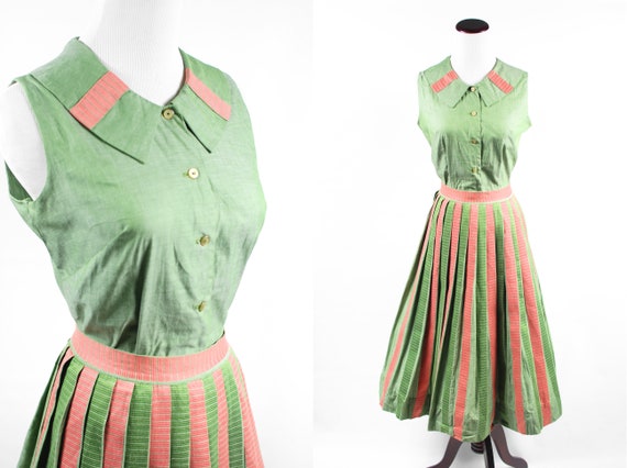 1950's Green & Pink Striped Cotton Blouse and Ski… - image 1