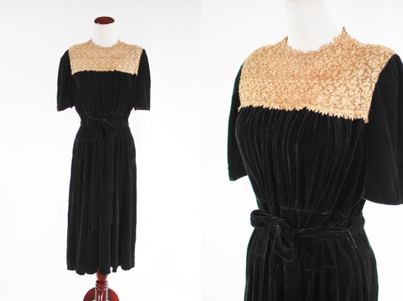 1940's Black Silk Velvet Pearl & Rhinestone Lace B