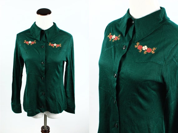 1970's Forest Green Knit Floral Embroidered Long-s