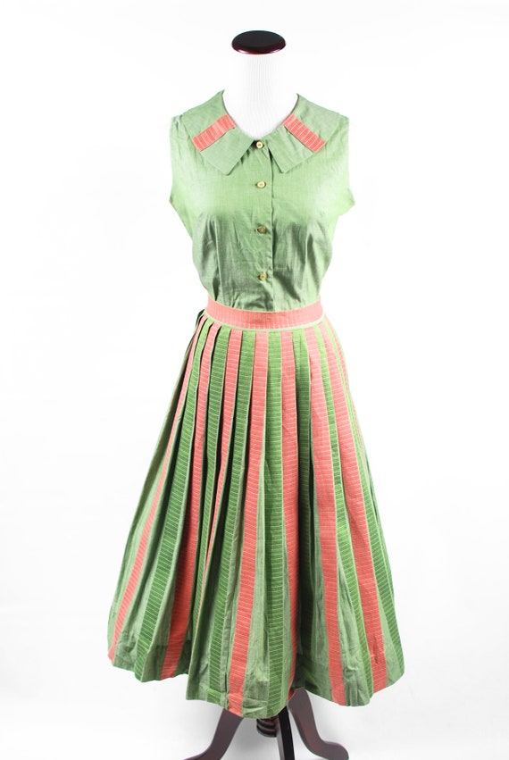 1950's Green & Pink Striped Cotton Blouse and Ski… - image 2