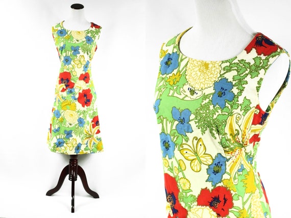 1960's Poppy & Butterfly Cotton Sleeveless Shift D