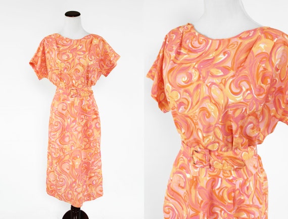 1960's Sherbert Floral Swirl Short-sleeve Belted D