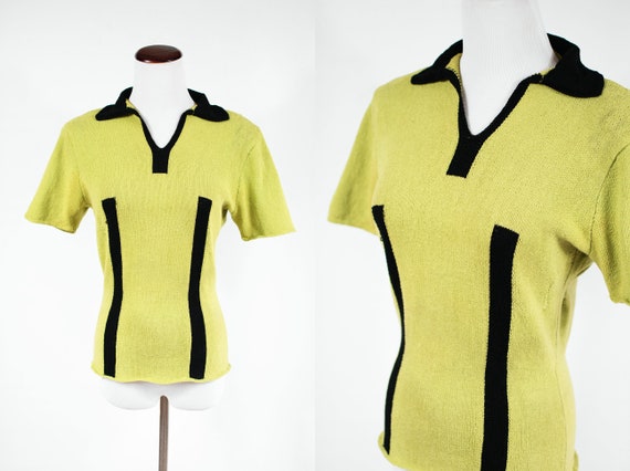 1940's Chartreuse & Black Striped Knit Shoulder Pa