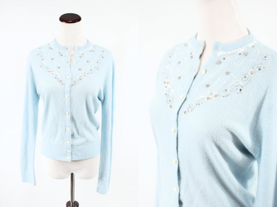 1950's Baby Blue Acrylic Beaded Knit Cardigan Swea