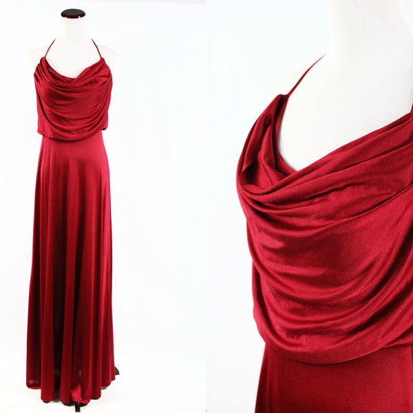 1970er Jahre rot seidig Disco draped Büste Neckholder Maxi Kleid
