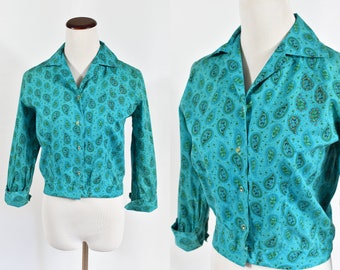 1950's Teal Paisley Cotton Rhinestone 3/4 Sleeve Button-up Blouse