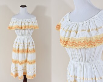 1960/70's Gauze Ruffle Collar Crochet Off-the-shoulder Mexican Dress