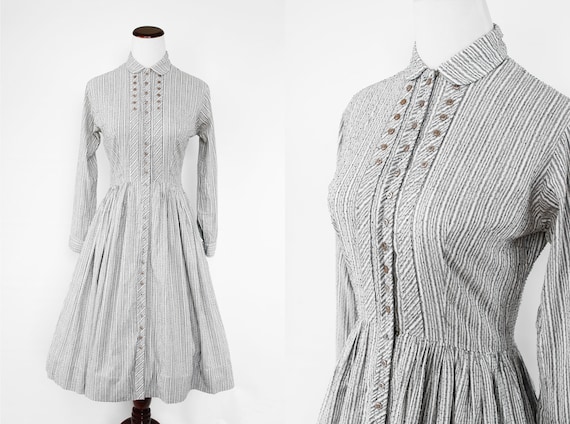 1940's Grey Striped Swiss Dot Cotton Long-sleeve S