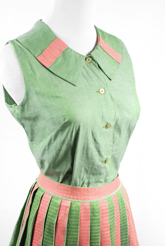 1950's Green & Pink Striped Cotton Blouse and Ski… - image 5