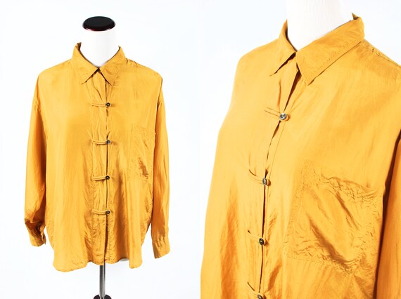 1980's Mustard Yellow Silk Long-sleeve Button Loop