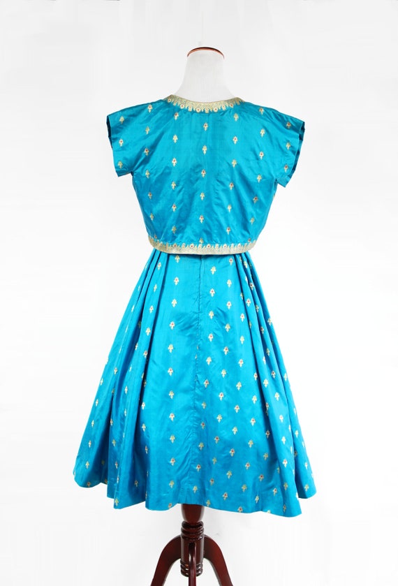 1950's Teal Blue Silk Gold Embroidered Indian Dre… - image 6