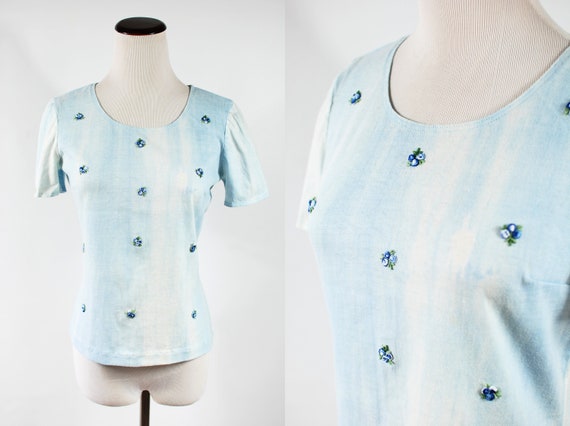 Vtg 1970's Handmade Blue Tie-dye Floral Embroider… - image 1