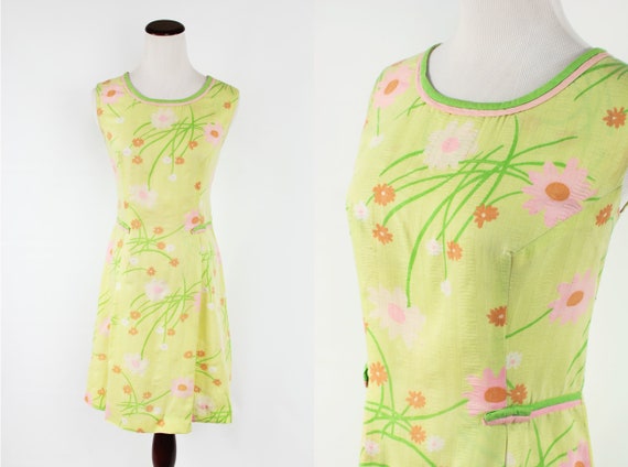 1960's Mod Bright Floral-print Cotton Seersucker S