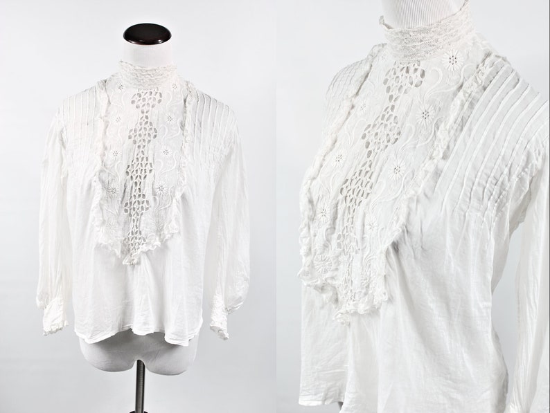 1910/'s Edwardian White Cotton Floral Embroidered Lace Long-sleeve Blouse