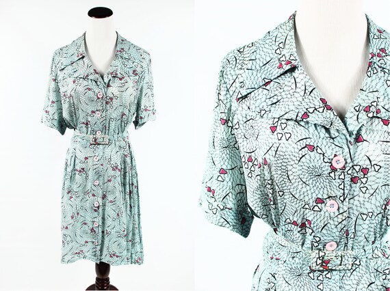 1950's Light Blue Heart Novelty Print Chiffon Shir