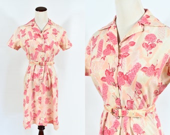 1950's 'Jonathan Logan' Bright Pink Floral Print Cotton Shirtdress w/ Belt