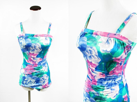1980's 'Roxanne' Watercolor Floral Ruched One-piec