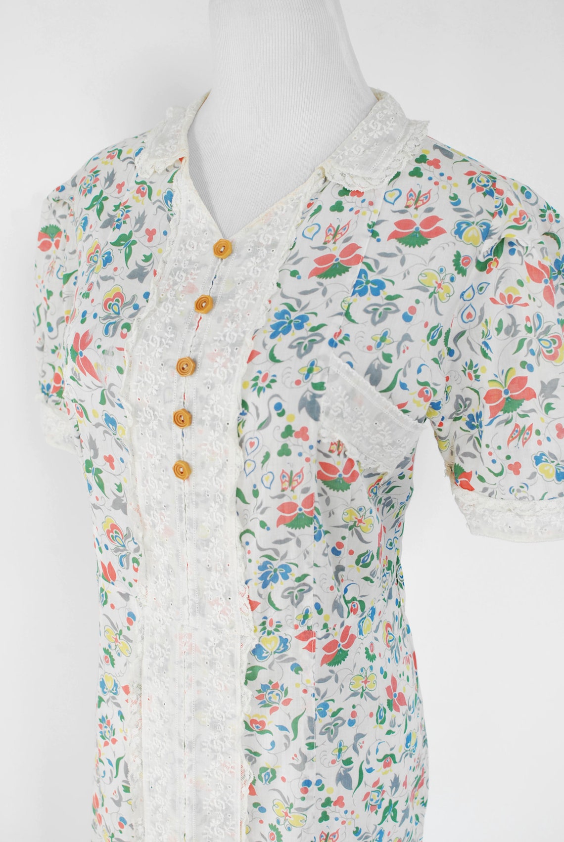 1930s Flower Bird Novelty Print Dress | XS/S