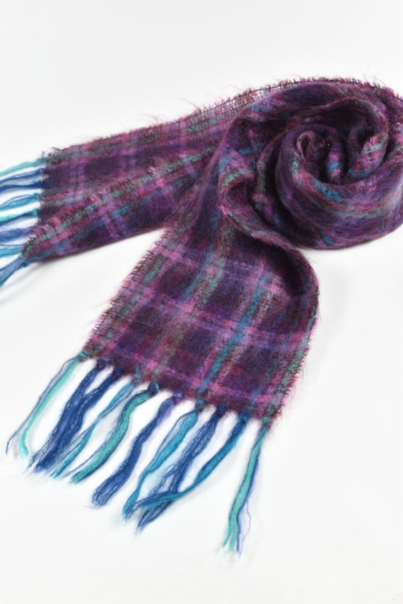 1960's Purple & Blue Plaid Mohair/ Wool Long Knit… - image 5