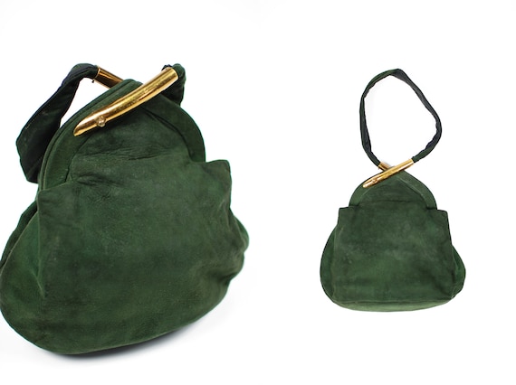 1940's Hunter Green Suede Gold Hardware Wristlet P