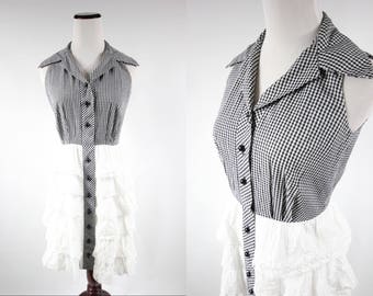 1950's Black & White Gingham Cotton Eyelet Ruffle Sleeveless Shirtdress