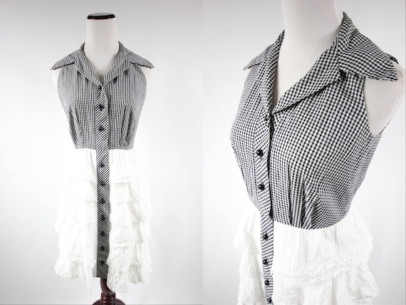1950's Black & White Gingham Cotton Eyelet Ruffle