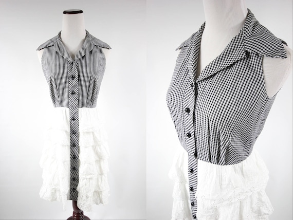 1950's Black & White Gingham Cotton Eyelet Ruffle… - image 1