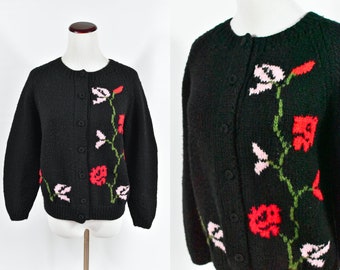 1950's Handknit Black Acrylic Floral Cardigan Sweater