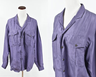 1980's Royal Purple Silk 'Lizwear' Long-sleeve Button-up Shirt