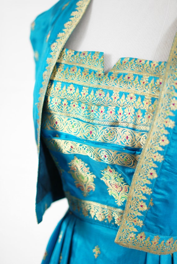 1950's Teal Blue Silk Gold Embroidered Indian Dre… - image 8